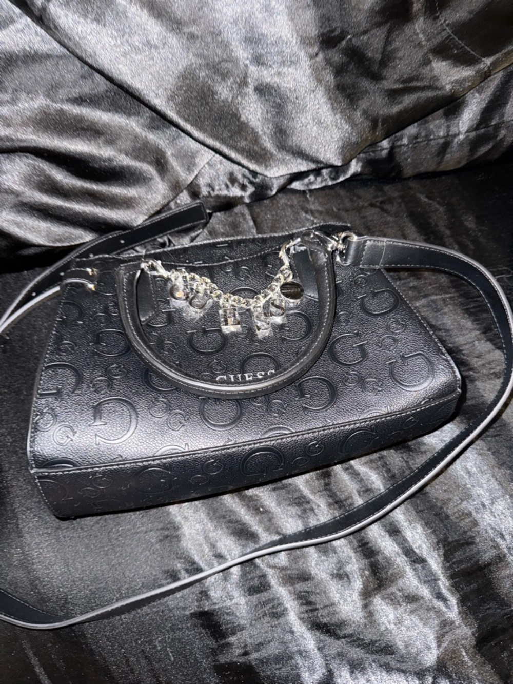 NEW Guess Black Embossed Logo Satchel with Chain Accent